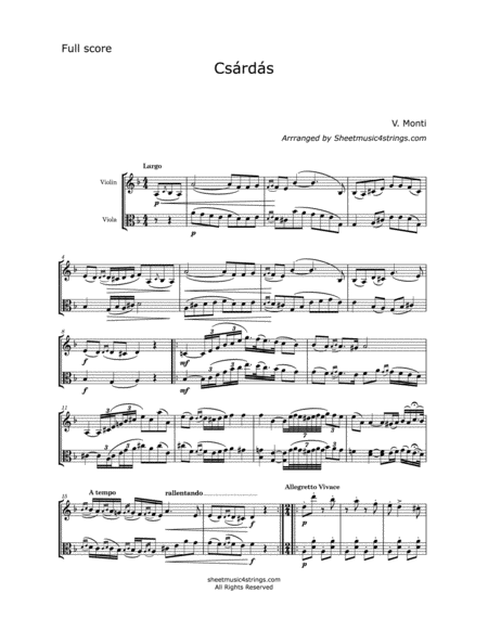 Monti V Csardas For Violin And Viola Sheet Music