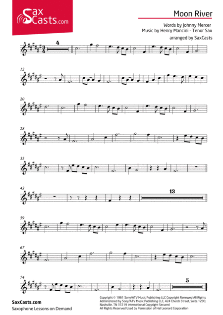 Moon River Arranged For Bb Instruments Rod Stewart Version By Saxcasts Sheet Music