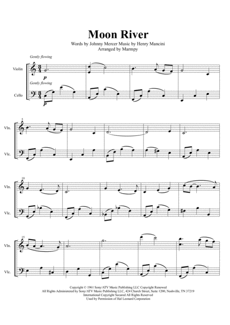 Free Sheet Music Moon River Arranged For String Duet