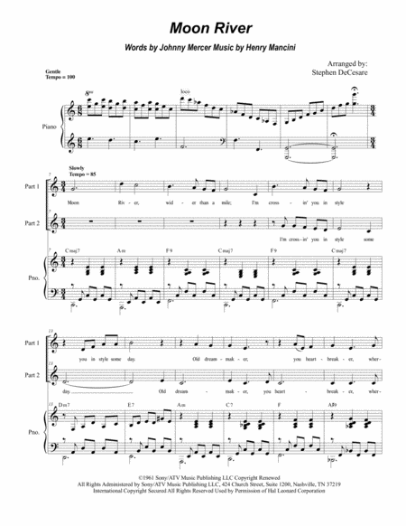 Free Sheet Music Moon River For 2 Part Choir