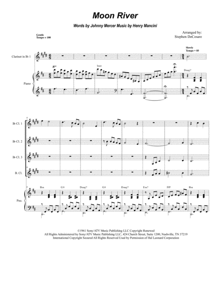 Free Sheet Music Moon River For Clarinet Choir And Piano