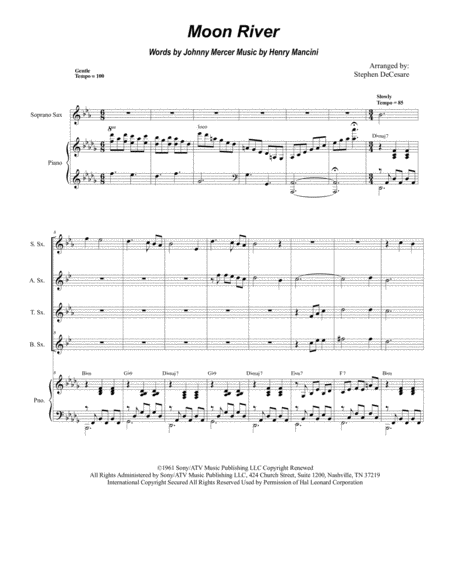 Moon River For Saxophone Quartet And Piano Sheet Music