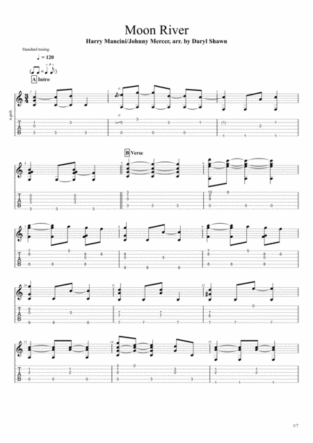 Free Sheet Music Moon River For Solo Fingerstyle Guitar