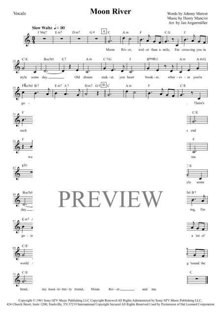 Free Sheet Music Moon River Vocals W Chords Key C Major