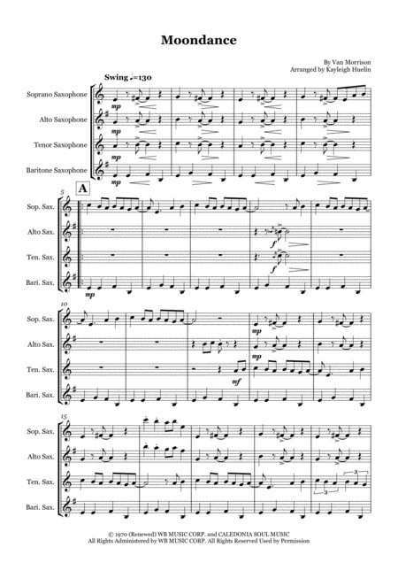 Free Sheet Music Moondance By Van Morrison Michael Buble Saxophone Quartet Satb