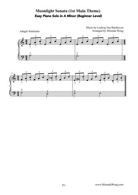 Moonlight Sonata Easy Piano Solo In A Minor Sheet Music