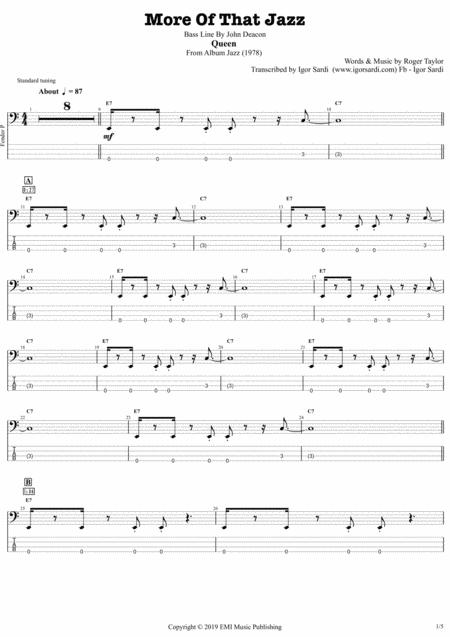 Free Sheet Music More Of That Jazz Queen John Deacon Complete And Accurate Bass Transcription Whit Tab