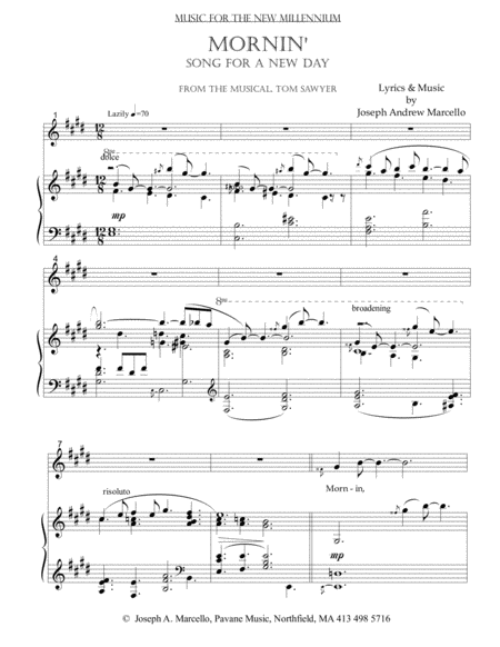 Free Sheet Music Mornin Song To A New Morning From The Musical Tom Sawyer