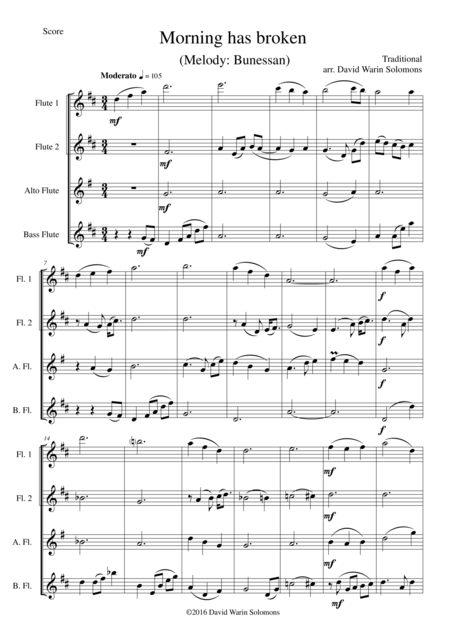 Morning Has Broken Bunessan For Flute Quartet Sheet Music