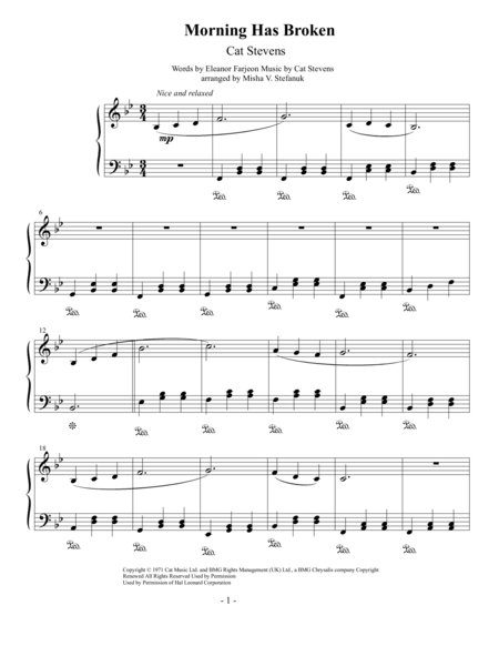 Morning Has Broken Easy Piano Sheet Music