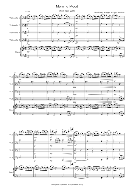 Morning Mood From Peer Gynt For Cello Quartet Sheet Music