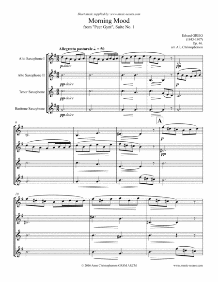 Free Sheet Music Morning Mood Op 46 No 1 Sax Quartet