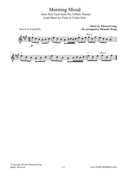 Morning Mood Peer Gynt Suite Easy Violin Solo In A Key Sheet Music