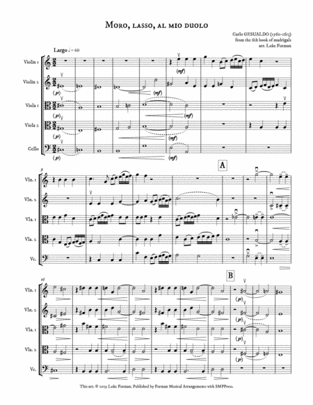 Moro Lasso Al Mio Duolo Madrigal For String Quintet Sheet Music