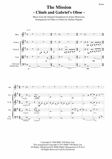 Morricone Climb And Gabriels Oboe From The Mission Soundtrack For Oboe Or Flute And String Quartet Or Orchestra Sheet Music