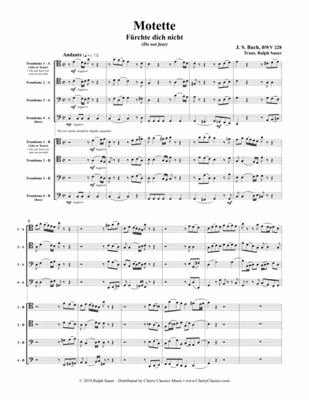 Motet Frchte Dich Nicht Do Not Fear Bwv 228 For 8 Part Trombone Ensemble Sheet Music