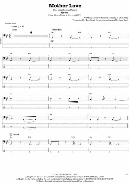 Mother Love Queen John Deacon Complete And Accurate Bass Transcription Whit Tab Sheet Music