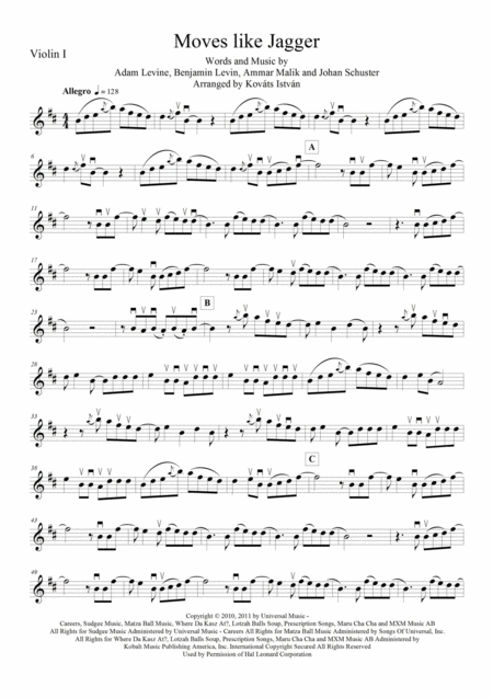 Moves Like Jagger For String Quartet Sheet Music