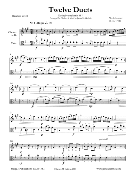 Mozart 12 Duets K 487 For Clarinet Viola Sheet Music