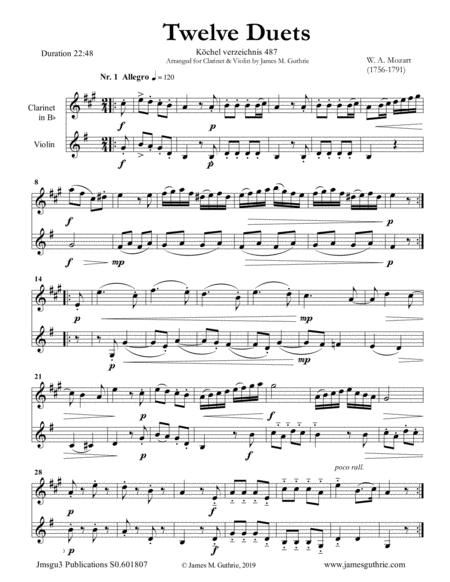 Free Sheet Music Mozart 12 Duets K 487 For Clarinet Violin