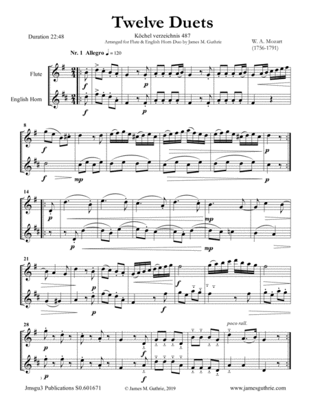 Mozart 12 Duets K 487 For Flute English Horn Sheet Music