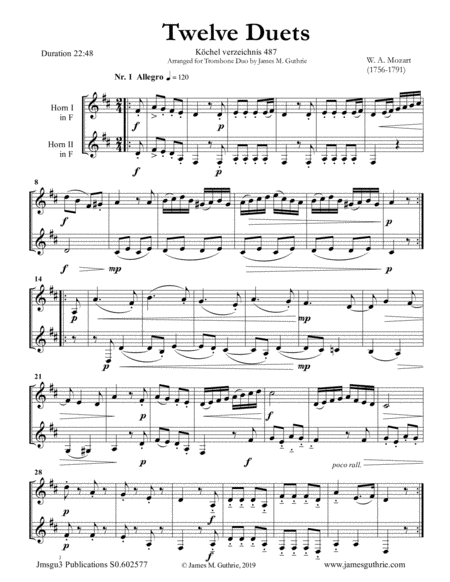 Mozart 12 Duets K 487 For French Horn Duo Sheet Music