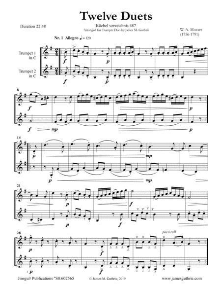 Free Sheet Music Mozart 12 Duets K 487 For Trumpet Duo