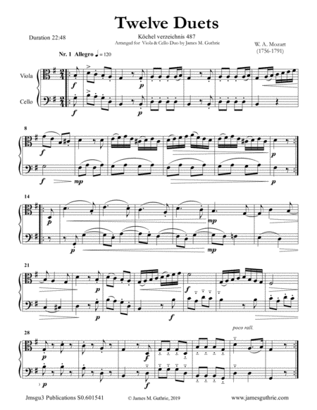 Mozart 12 Duets K 487 For Viola Cello Sheet Music