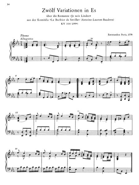 Mozart 12 Variations In E Major On The Romance Je Suis Lindor From Le Barbier De Seville By Pierre Beaumarchais Music By Antoine Laurent Baudron K 354 Sheet Music