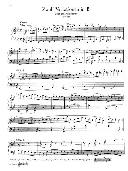 Mozart 12 Variations On An Allegretto In B Major K 500 Sheet Music