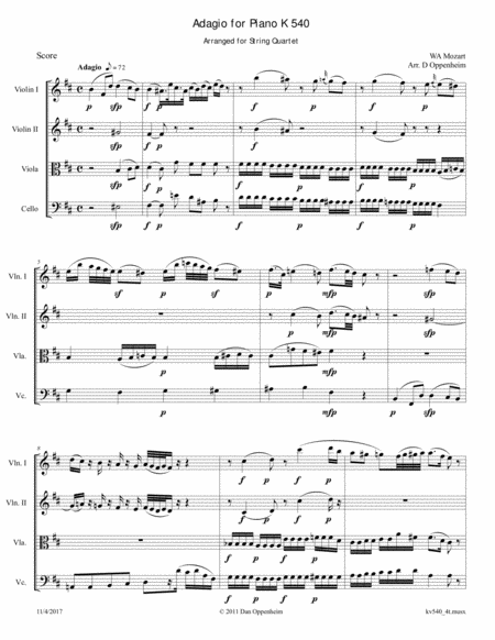 Mozart Adagio For Piano In B Minor K 540 Transcribed For String Quartet Sheet Music