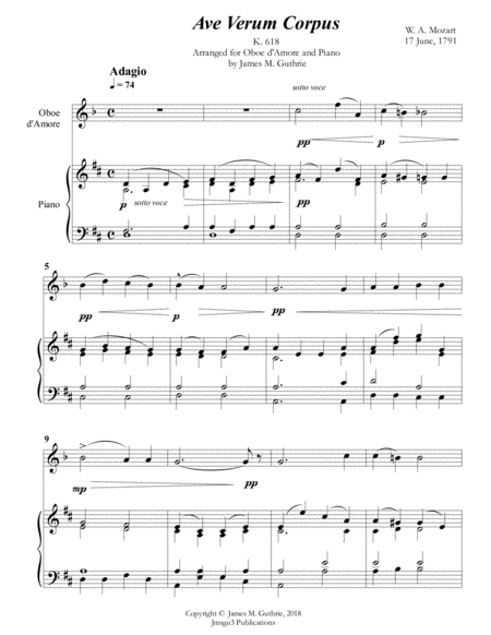 Free Sheet Music Mozart Ave Verum Corpus For Oboe D Amore Piano
