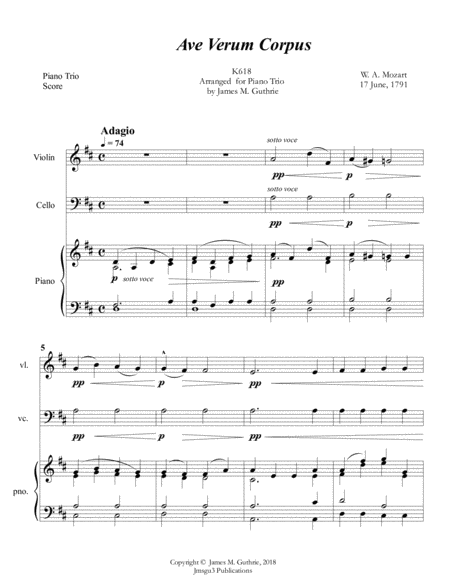 Free Sheet Music Mozart Ave Verum Corpus For Piano Trio