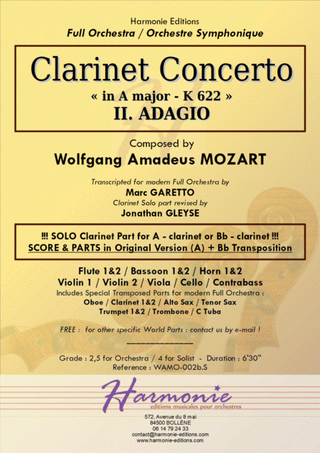 Free Sheet Music Mozart Clarinet Concerto K 622 Ii Adagio For Bb Clarinet Or A Clarinet Original Or Modern Full Orchestra