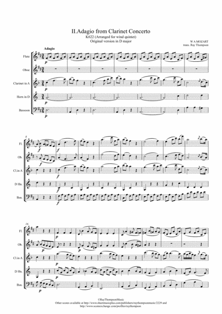 Free Sheet Music Mozart Clarinet Concerto K622 Mvt Ii Adagio Original Key Of D Wind Quintet Clarinet Feature