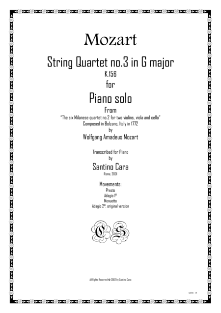 Mozart Complete String Quartet No 3 In G Major K156 For Piano Solo Sheet Music