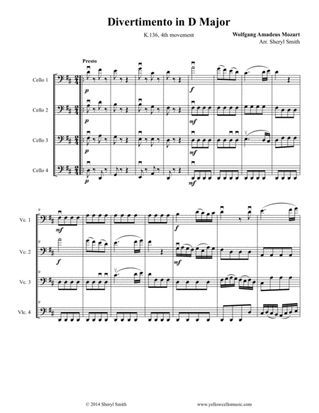 Mozart Divertimento Arranged For Intermediate Cello Quartet Four Cellos K 136 Sheet Music