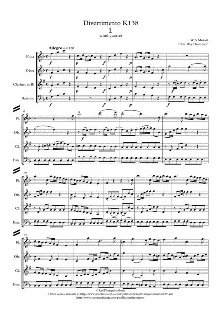 Mozart Divertimento In F Salzburg Symphony No 3 K138 Originally For String Quartet Orchestra Complete Wind Quartet Sheet Music