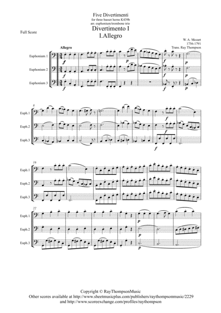 Free Sheet Music Mozart Divertimento No 1 Complete From Five Divertimenti For 3 Basset Horns Kv439b Low Brass Trio Euphonium Trombone With Opt Tuba