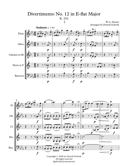 Mozart Divertimento No 12 In Eb Major For Wind Quintet Sheet Music