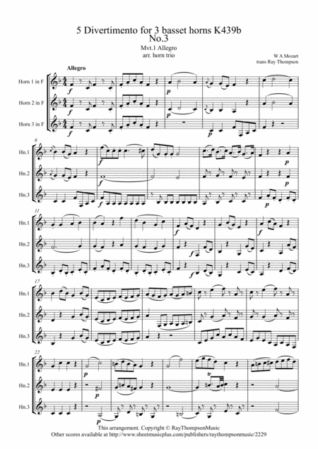 Free Sheet Music Mozart Divertimento No 3 Mvt I Allegro From Five Divertimenti For 3 Basset Horns K439b Horn Trio