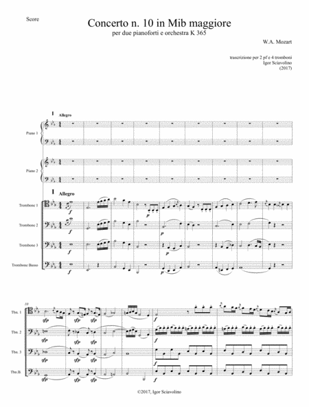 Mozart Double Concert Nr 10 Kv365 For 2 Piano And Orchestra Version For 2 Pf And Trombone Quartet Sheet Music