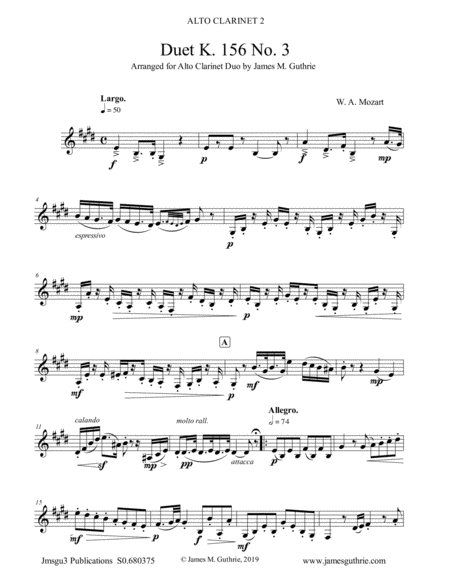 Mozart Duet K 156 No 3 For Alto Clarinet Duo Sheet Music