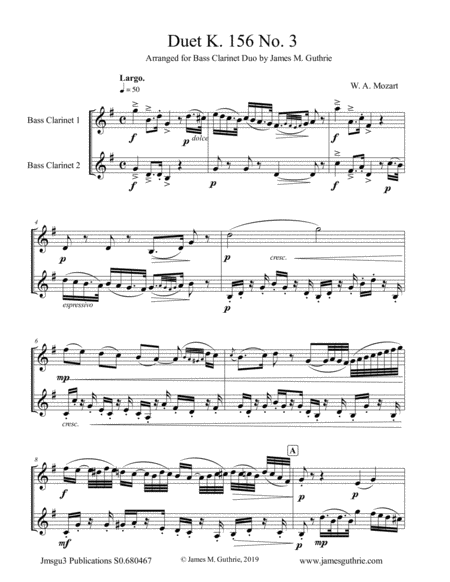 Free Sheet Music Mozart Duet K 156 No 3 For Bass Clarinet Duo