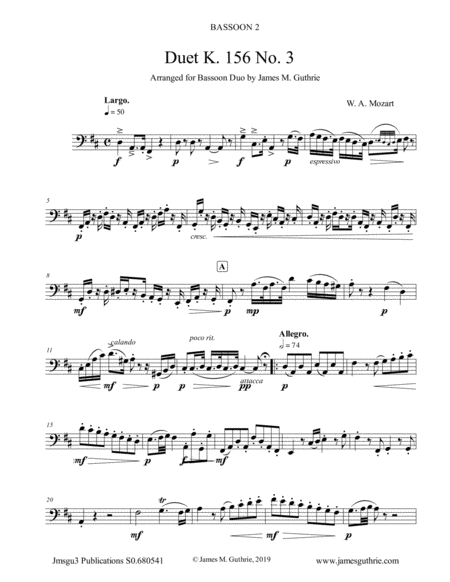 Mozart Duet K 156 No 3 For Bassoon Duo Sheet Music