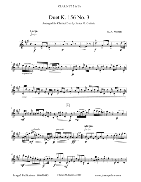 Free Sheet Music Mozart Duet K 156 No 3 For Clarinet Duo