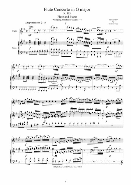Free Sheet Music Mozart Flute Concerto In G Major K 313 For Flute And Piano Score And Part