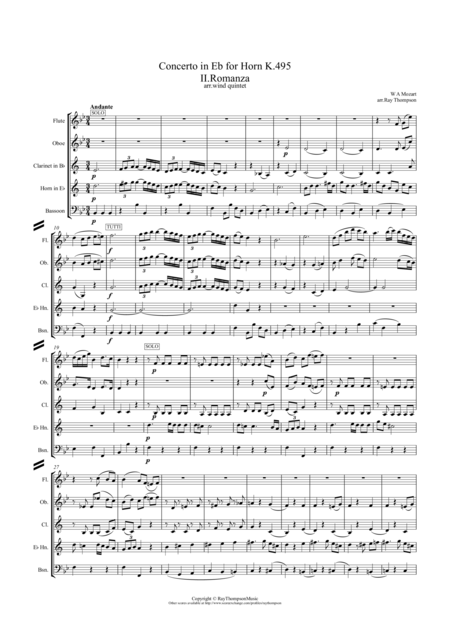 Mozart Horn Concerto In Eb K495 Mvt Ii Romanza Romance Wind Quintet Featuring Horn Sheet Music