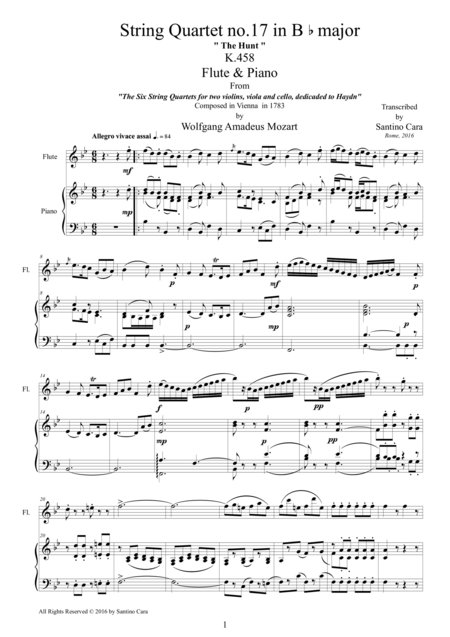 Free Sheet Music Mozart Hunt Quartet No 17 In B Flat Major Flute And Piano