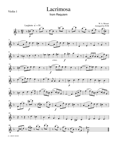 Mozart Lacrimosa From Requiem For String Quartet Cm015 Sheet Music